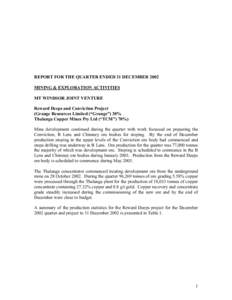 REPORT FOR THE QUARTER ENDED 31 DECEMBER 2002 MINING & EXPLORATION ACTIVITIES MT WINDSOR JOINT VENTURE Reward Deeps and Conviction Project (Grange Resources Limited (“Grange”) 30% Thalanga Copper Mines Pty Ltd (“TC