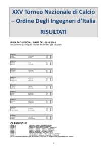 XXV Torneo Nazionale di Calcio – Ordine Degli Ingegneri d’Italia RISULTATI RISULTATI UFFICIALI GARE DELSi trascrivono qui di seguito i risultati ufficiali delle gare disputate