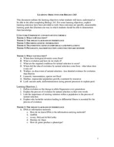 LEARNING OBJECTIVES FOR BIOLOGY 243 This document outlines the learning objectives (what students will know, understand or be able to do) after completing Biology 243. For some learning objectives, explicit learning outc