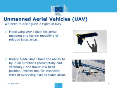 Unmanned Aerial Vehicles (UAV) We need to distinguish 2 types of UAV 1. Fixed wing UAV : ideal for aerial mapping and terrain modelling of relative large areas.