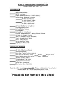 KANSAS 1 DISCOVERY BOX CHECKLIST Contents current as of June 2, 2011 Printed Items_ ________Read Me First Sheet ________GPNC brochures