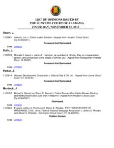 LIST OF OPINIONS ISSUED BY THE SUPREME COURT OF ALABAMA ON FRIDAY, NOVEMBER 22, 2013 Stuart, J[removed]Afassco, Inc. v. Comer Ladon Sanders (Appeal from Houston Circuit Court: CV[removed]).