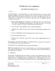 MEMORANDUM OF AGREEMENT Lake Mead Water Quality Forum I. GOALS This Memorandum of Agreement (MOA) continues the Lake Mead Water Quality Forum hereafter designated as the Forum. The goals of the Forum are to support the p