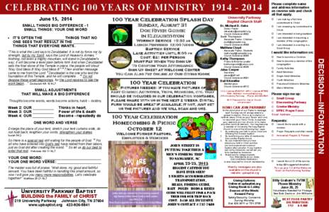 CELEBRATING 100 YEARS OF MINISTRY[removed]  June 15, [removed]Year Celebration Splash Day