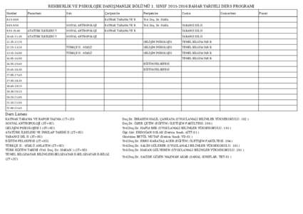 REHBERLIK VE PSIKOLOJIK DANIŞMANLIK BÖLÜMÜ 1. SINIFBAHAR YARIYILI DERS PROGRAMI Saatler Pazartesi  Salı