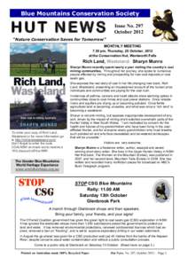 Blue Mountains Conservation Society  HUT NEWS Issue No. 297 October 2012