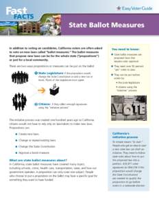 Fast FACTS State Ballot Measures In addition to voting on candidates, California voters are often asked to vote on new laws called “ballot measures.” The ballot measures