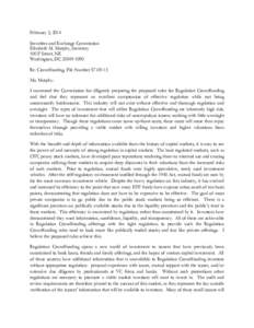 February 3, 2014 Securities and Exchange Commission Elizabeth M. Murphy, Secretary 100 F Street, NE Washington, DC[removed]Re: Crowdfunding, File Number S7-09-13