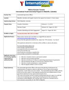 YMCA of Greater Toronto International Youth Internship Program in Medellin, Colombia Position Title Sustainable Agriculture Officer