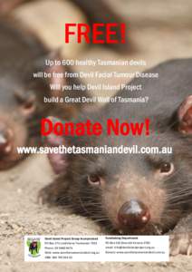 FREE! Up to 600 healthy Tasmanian devils will be free from Devil Facial Tumour Disease Will you help Devil Island Project build a Great Devil Wall of Tasmania?