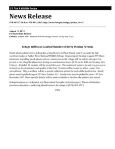 News Release[removed]; Fax: [removed]; http://www.fws.gov/refuge/parker_river/ August 11, 2014 For Immediate Release Contact: Parker River National Wildlife Refuge; Phone: ([removed]