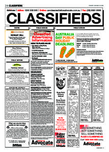 24 CLASSIFIEDS  TUESDAY JANUARY[removed]CLASSIFIEDS | Adline: [removed] | Online: [removed] | Fax: ([removed]