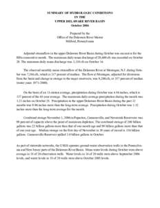 SUMMARY OF HYDROLOGIC CONDITIONS IN THE UPPER DELAWARE RIVER BASIN October 2006 Prepared by the Office of the Delaware River Master