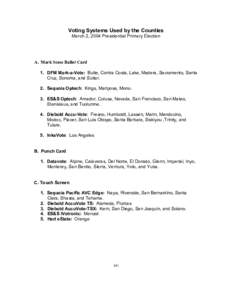 Voting Systems Used by the Counties March 2, 2004 Presidential Primary Election A. Mark Sense Ballot Card 1. DFM Mark-a-Vote: Butte, Contra Costa, Lake, Madera, Sacramento, Santa Cruz, Sonoma, and Sutter.