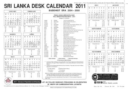 Advance Copy: If any error detected, please inform the Government Printer within seven days.  SRI LANKA DESK CALENDAR 2011 JANUARY M