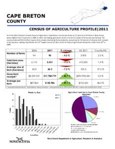 CAPE BRETON COUNTY CENSUS OF AGRICULTURE PROFILE|2011 As of the 2011 Statistics Canada Census of Agriculture, Cape Breton County was home to 2.3 percent of all farms in Nova Scotia, down slightly from 2.5 percent in 2006