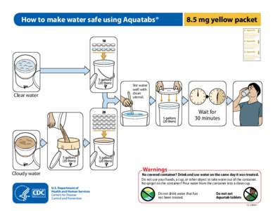 How to make water safe using Aquatabs®  8.5 mg yellow packet 1L Add one tablet to 1 L of clear water. Leave 30 minutes before using. Each tablet
