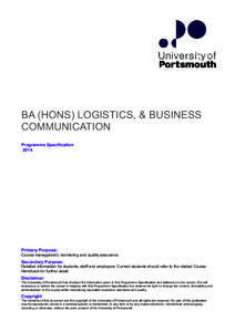 BA (HONS) LOGISTICS, & BUSINESS COMMUNICATION Programme SpecificationPrimary Purpose: