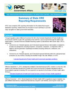 Summary of State CRE Reporting Requirements APIC has compiled CRE reporting information for the states that require statewide reporting. Helpful links are included in each summary to provide easy navigation to state gove