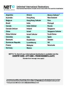 Unlimited* International Destinations  International Destinations include certain cities within the countries listed below. Argentina