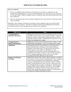 SERVICES COVERED BY IHSS How to use this list: 1. Review your IHSS Provider Notification which lists the services that are authorized for your consumer by the IHSS program. Ask your consumer/employer how many hours you a