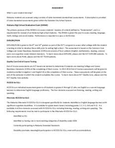 ASSESSMENT What is your student learning? Alabama students are assessed using a variety of state mandated standardized assessments. A description is provided of state mandated assessments given within the Gadsden City Sc