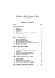 Racial and Religious Tolerance Act 2001 Act No[removed]TABLE OF PROVISIONS Section