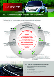 CEA TECH SERVICES FOR GROUND TRANSPORTATION Technology for tomorrow’s ground-transportation challenges User experience  Interior air quality, ergonomics,