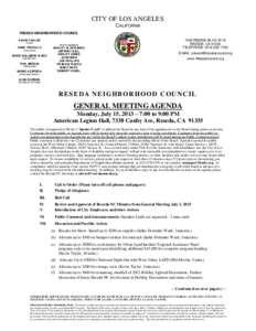 Reseda /  Los Angeles / Motions that bring a question again before the assembly / Southern California / Reconsideration of a motion / Agenda / Minutes / Reseda / Quorum / Neighborhood councils / Parliamentary procedure / Meetings / Business