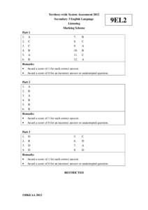 Territory-wide System Assessment 2012 Secondary 3 English Language Listening Marking Scheme Part 1 1.