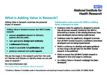 What is Adding Value in Research? Adding Value in Research maximises the potential impact of research. Adding Value in Research ensures that NIHR funded research: •	 answers questions relevant to clinicians,