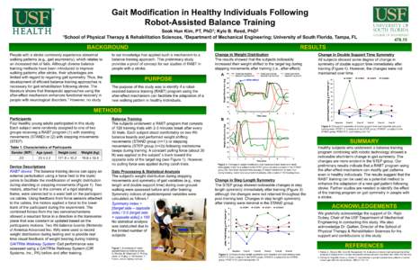Gait Modification in Healthy Individuals Following Robot-Assisted Balance Training Seok Hun Kim, PT, PhD1; Kyle B. Reed, PhD2 1School of Physical Therapy & Rehabilitation Sciences, 2Department of Mechanical Engineering; 