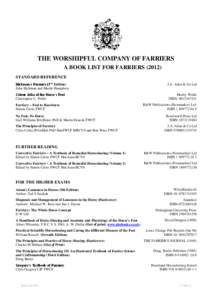 THE WORSHIPFUL COMPANY OF FARRIERS A BOOK LIST FOR FARRIERS[removed]STANDARD REFERENCE Hickman’s Farriery (2nd Edition) John Hickman and Martin Humphrey Colour Atlas of the Horse’s Foot