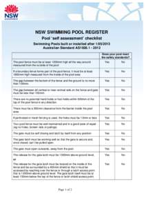 NSW SWIMMING POOL REGISTER Pool ‘self assessment’ checklist Swimming Pools built or installed after[removed]Australian Standard AS1926[removed]Does your pool meet the safety standards?