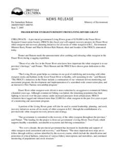 NEWS RELEASE For Immediate Release 2005ENV0077[removed]Sept. 7, 2005  Ministry of Environment