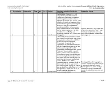 Comments template for Preliminary Cybersecurity Framework # Organization