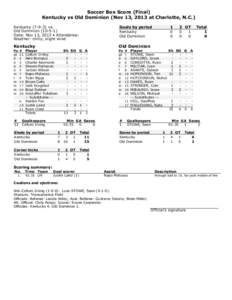 Soccer Box Score (Final) Kentucky vs Old Dominion (Nov 13, 2013 at Charlotte, N.C.) Kentucky[removed]vs. Old Dominion[removed]Date: Nov 13, 2013 • Attendance: Weather: chilly, slight wind