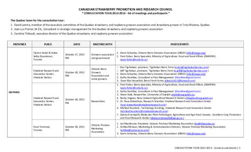 CANADIAN STRAWBERRY PROMOTION AND RESEARCH COUNCIL * CONSULTATION TOUR[removed]list of meetings and participants * The Quebec team for the consultation tour: 1. David Lemire, member of the executive committee of the 