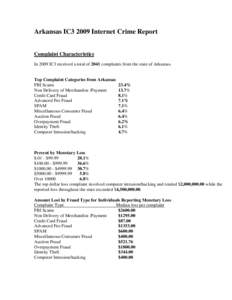 Arkansas IC3 2009 Internet Crime Report Complaint Characteristics In 2009 IC3 received a total of 2041 complaints from the state of Arkansas. Top Complaint Categories from Arkansas FBI Scams