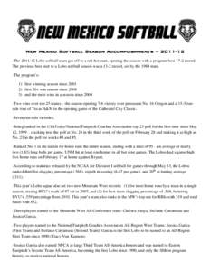 New Mexico Softball Season Accomplishments[removed]The[removed]Lobo softball team got off to a red-hot start, opening the season with a program-best 17-2 record. The previous best start to a Lobo softball season was 
