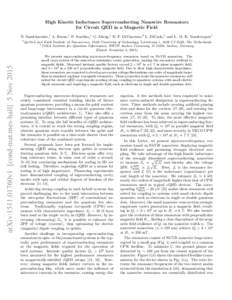 High Kinetic Inductance Superconducting Nanowire Resonators for Circuit QED in a Magnetic Field N. Samkharadze,1 A. Bruno,1 P. Scarlino,1 G. Zheng,1 D. P. DiVincenzo,2 L. DiCarlo,1 and L. M. K. Vandersypen1 arXiv: