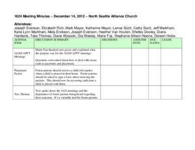 1624 Meeting Minutes – December 14, 2012 – North Seattle Alliance Church Attendees: Joseph Evenson, Elizabeth Rich, Mark Mayor, Katherine Mayor, Lamar Scott, Cathy Scott, Jeff Markham, Katie Lynn Markham, Mela Ericks