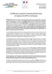 COMMUNIQUÉ DE PRESSE 29 marsM€ pour soutenir l’investissement local et relancer le BTP et l’artisanat