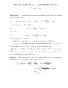 = THE MEAN VALUE OF |ζ( 12 + it)|2 AT THE ZEROS OF Z (k) (t) C. Yal¸cın Yıldırım Introduction.