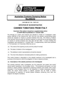 Australian Customs Dumping Notice No[removed]CUSTOMS ACT[removed]PART XVB INITIATION OF AN INVESTIGATION