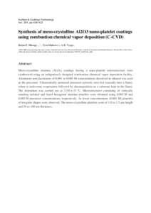 Surface & Coatings Technology Vol. 254, pp[removed]Synthesis of meso-crystalline Al2O3 nano-platelet coatings using combustion chemical vapor deposition (C-CVD) Baban P. Dhonge a,⁎, Tom Mathews b, A.K. Tyagi b