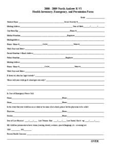 2008 ­ 2009 North Andrew R­VI  Health Inventory, Emergency, and Permission Form  Grade  ___________________  Student Name _______________________________________________Social Security #_____________