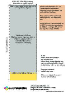 Width 800, 1000, 1200, 1500mm depending on model required Allow 12.7mm @ actual size (3.175mm @ 25%) for fixing rail at top of graphic  Please supply artwork in PDF, EPS,