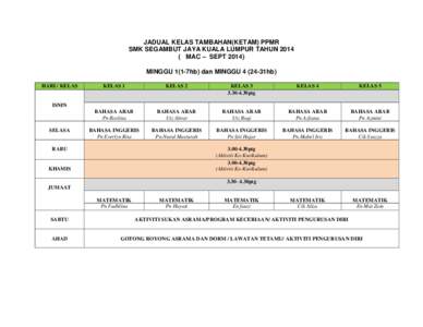 JADUAL KELAS TAMBAHAN(KETAM) PPMR SMK SEGAMBUT JAYA KUALA LUMPUR TAHUN[removed]MAC – SEPT[removed]MINGGU 1(1-7hb) dan MINGGU[removed]31hb) HARI / KELAS