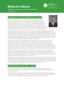 Reform Inform  Keeping you updated on Local Government Reform 15 AugustMessage from Environment Minister Mark H Durkan